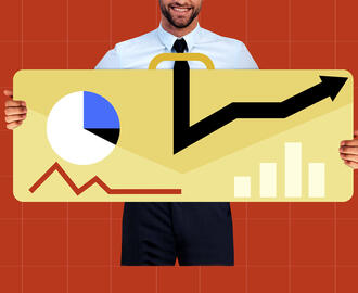 An illustration of a person holding a suitcase that has data analytics graphics on it like a pie chart, bar chart, line chart, etc.