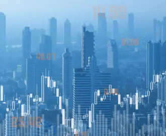 City with blue data imagery overlay