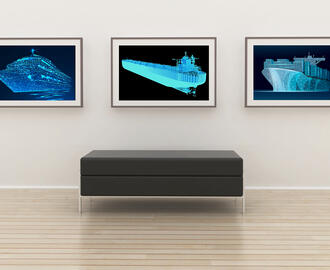 A museum hall with digital images of ships in the frames