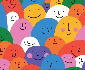 Graphic of many multi-colored smiling faces