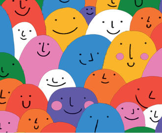 Graphic of many multi-colored smiling faces