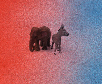An elephant and donkey in a red and blue background