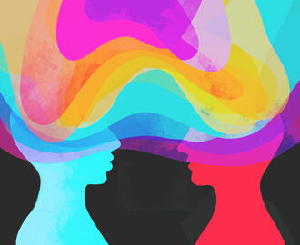 Silhouettes of two people are surrounded by colorful shapes connecting them