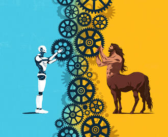 A cyborg and centaur are manipulating cogwheels