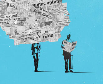 An illustration of a man is looking at a big cloud of news clippings covering another person's face