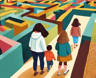 illustration of three women, one with a small child, navigating through a maze