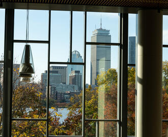 Boston skyline through a campus window