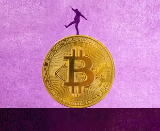 Illustration of a person balancing on top of large bitcoin
