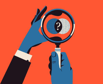 An illustration of hands holding a magnifying glass with data and a question mark inside
