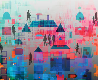 An abstract city with silhouettes of people