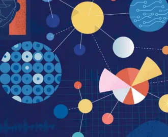 Artwork with abstract images relating to artificial intelligence and deep learning.