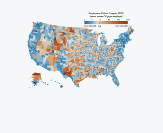 A map that shows employment vulnerability to the energy transition (E-VET) by measuring the employment carbon footprint (ECF) of U.S. counties