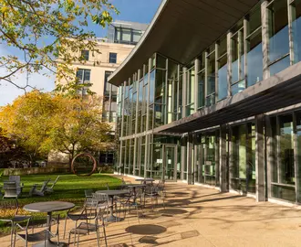 Back of MIT Sloan building on a sunny fall day