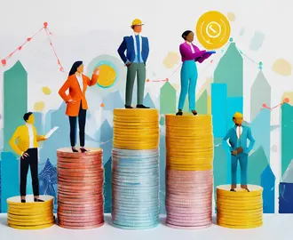 This illustration shows five workers, each standing on a pile of coins. The piles are different heights.