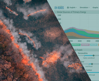 A photograph of a forest wildfire next to a screenshot of the en-ROADS climate simulator