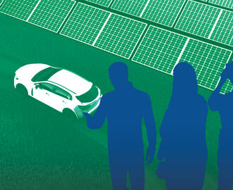 A group of people look at rows of solar panels and an electric vehicle