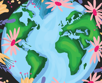 A graphic of a globe surrounded by flowers.