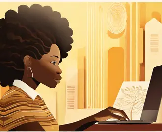 An illustration of a young woman working at a computer with creative things happening on the screen