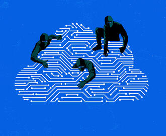 An illustration of a cloud made of circuit board with 3 ninjas climbing on it
