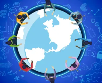Image of a globe with people sitting around it.  The background contains several phrases about the themes of the article.