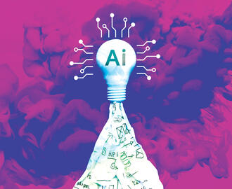 A lightbulb with the words "Ai" in front of abstract, artistic imagery.