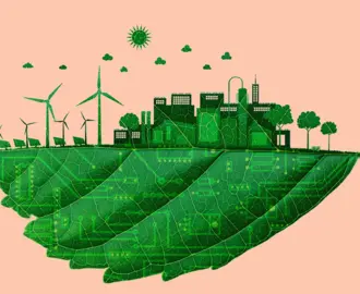 Leaf with city growing on top and windmills