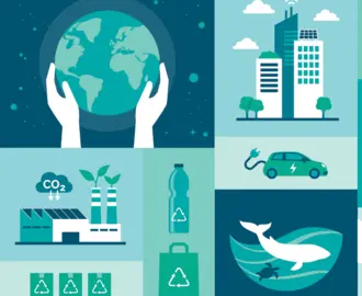 Illustration of globe, city, green climate solutions