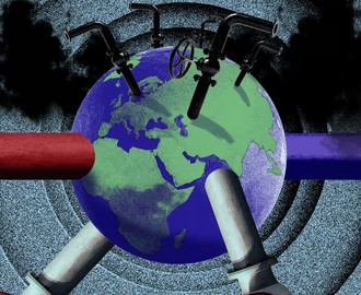 Edited image showing the globe with oil pipelines coming out of it