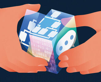 An illustration of hands twisting a cube with AI graphics