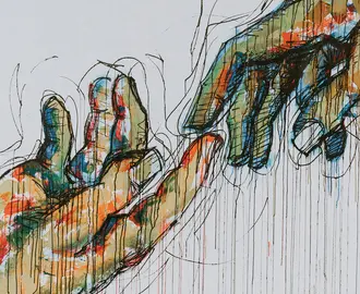 An illustation of two different hands touching