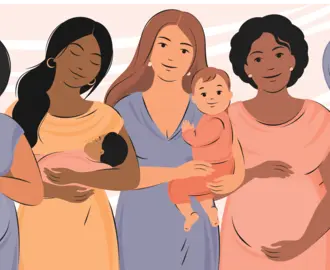 Five women, two of them pregnant and three of them holding babies.