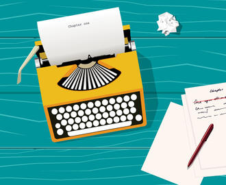 Illustration of typewriter, paper, pen, notebook