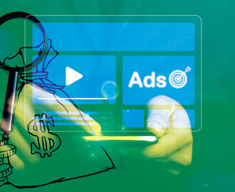 A magnifying glass with money juxtaposed with a person holding a phone with digital ads