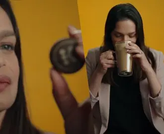 A split photo of Neha in front of a yellow background drinking from a cup of coffee beside a close up of her looking at a Keruig K Cup