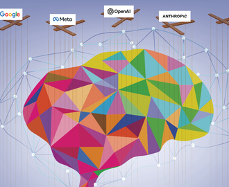 Wooden marionette control bars with the names of Google, Meta, OpenAI, and Anthropic moving shapes resembling a brain