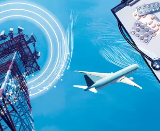 A collage of a telecommunications tower, an airplane, and a clipboard with stethescope and pills