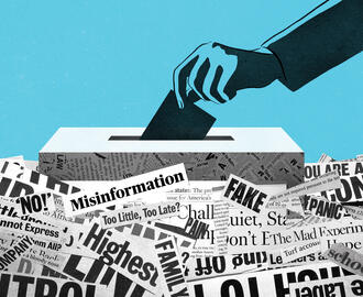 An illustration of a person's hand putting a ballot into a voting box surrounded by news clippings with words like "misinformation" and "fake"
