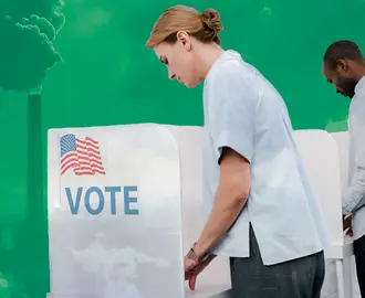 People at election voting booths juxtaposed with smoke stacks