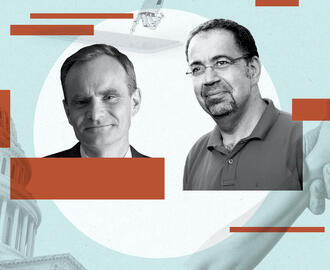 Photo illustration of Simon Johnson and Daron Acemoglu