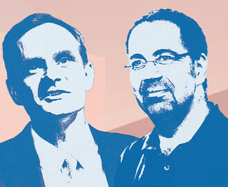 Photo illustration of Simon Johnson and Daron Acemoglu