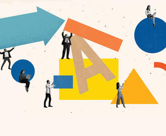 Various employees holding different shapes. The letters "A" and 'I" can be seen.