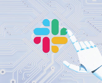 A robot hand touches the Slack logo on top of a circuit board