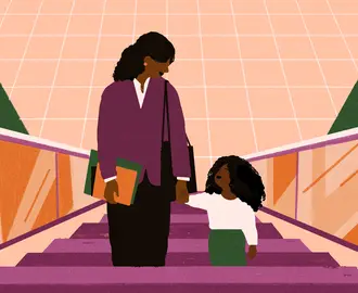 A working mom holds her child's hand up the stairs