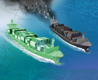 Two cargo ships are side-by-side in the ocean; one is green and the other is dark and dirty and emitting pollution with the euro coin symbol