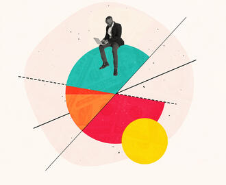 a colorful pie chart with a man and a computer sitting on top