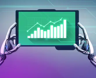 Robot hands hold up a tablet with financial graphs