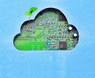 A bud grows on a cloud cutout revealing circuit board content 