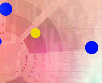 Abstract geometric pattern with dots and a city skyline 