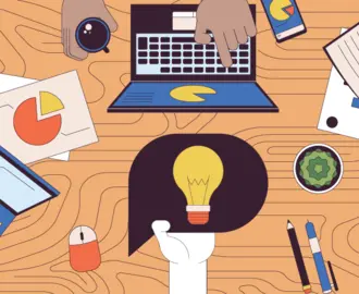 Illustration of tabletop with computers, papers, and hands