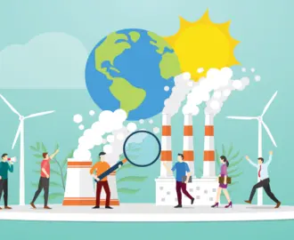 Illustration of earth, sun, clean energy, and pollution